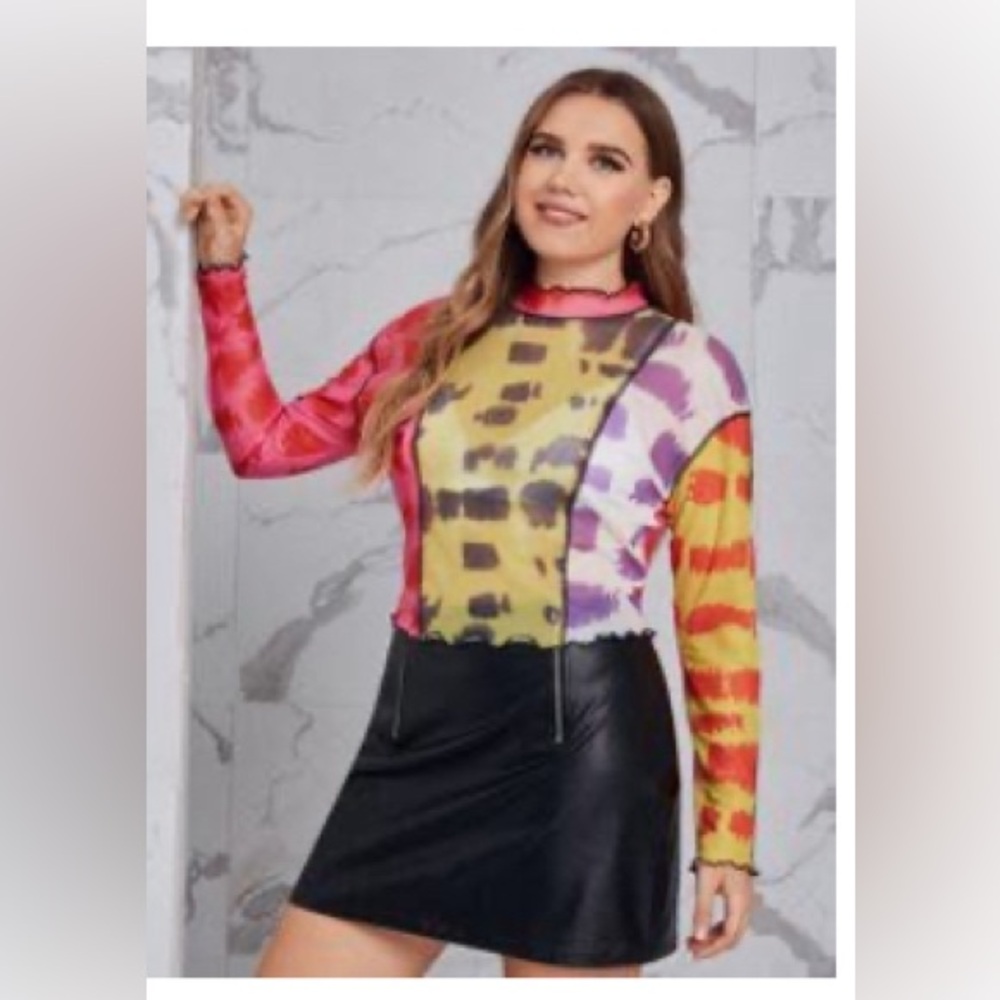 Colorful Tie-Dye Mesh Long Sleeve Top